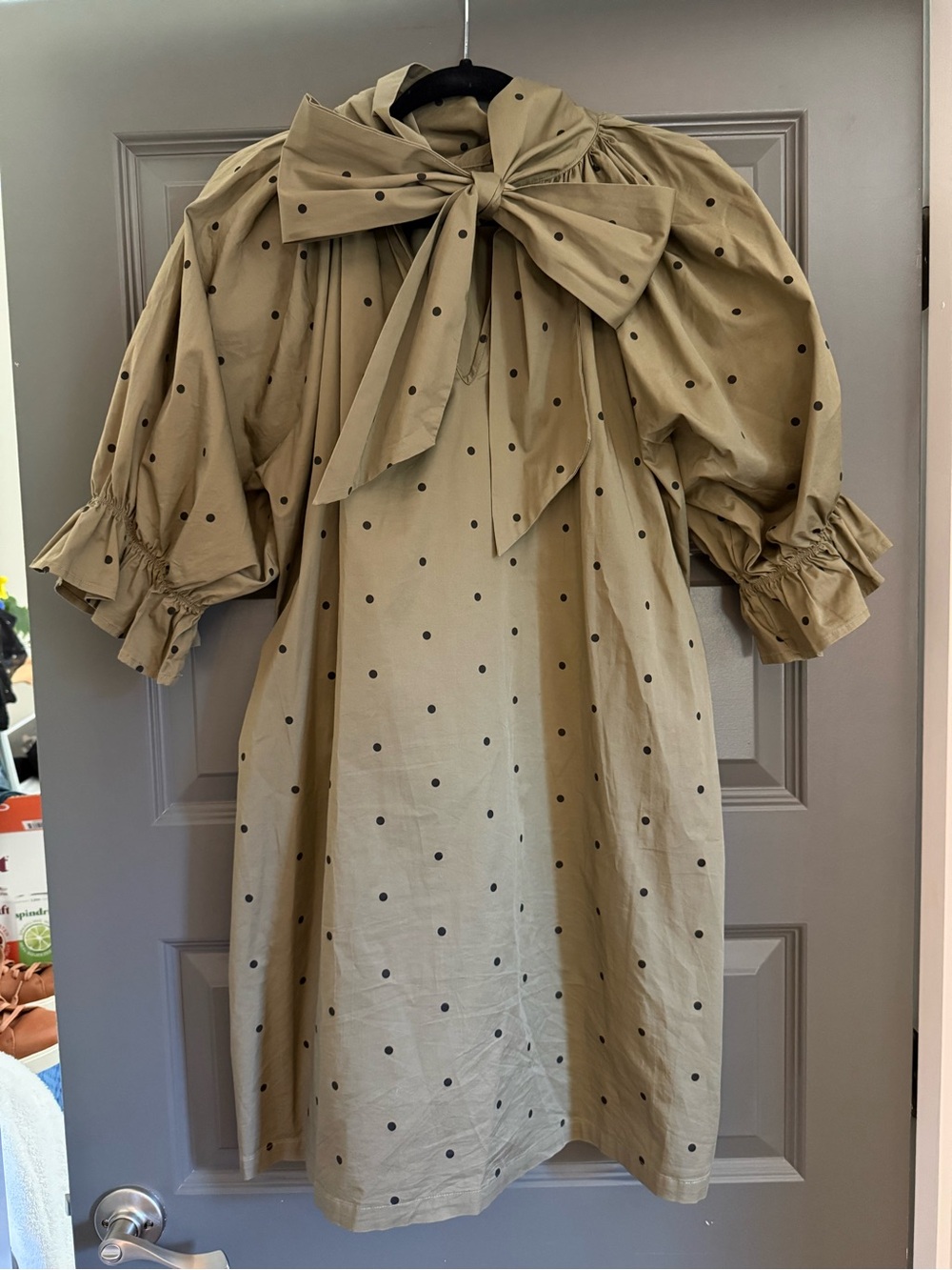 Wyatt Wylde Adrian Olive Polka Dot Mini Dress with Puff Sleeves, size small - Picture 4 of 7